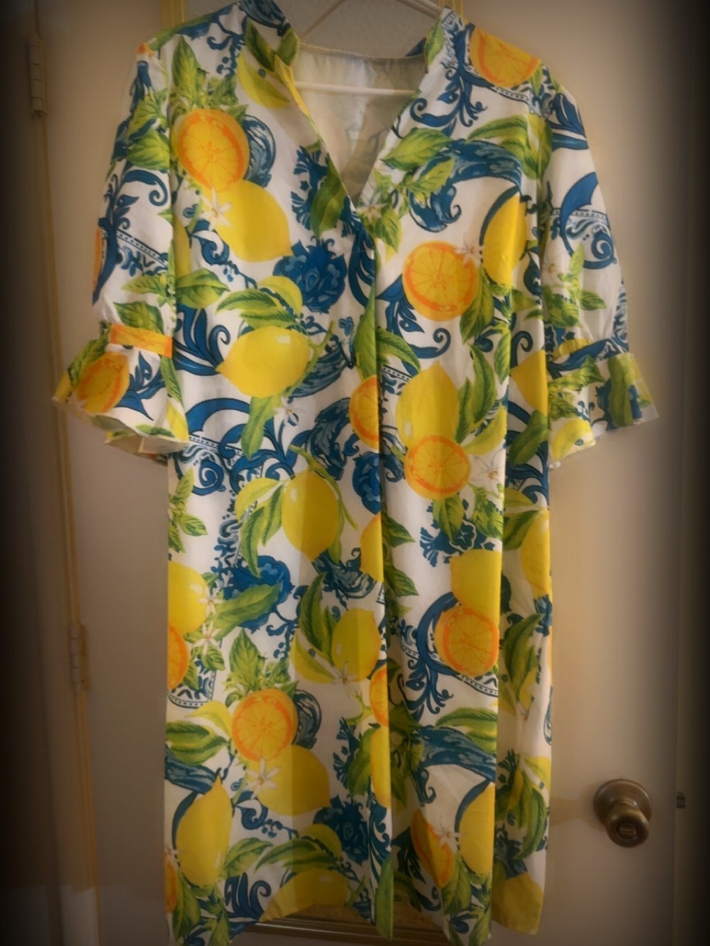 SHEIN White Lemon Print Shift Dress with Blue and Green Accents